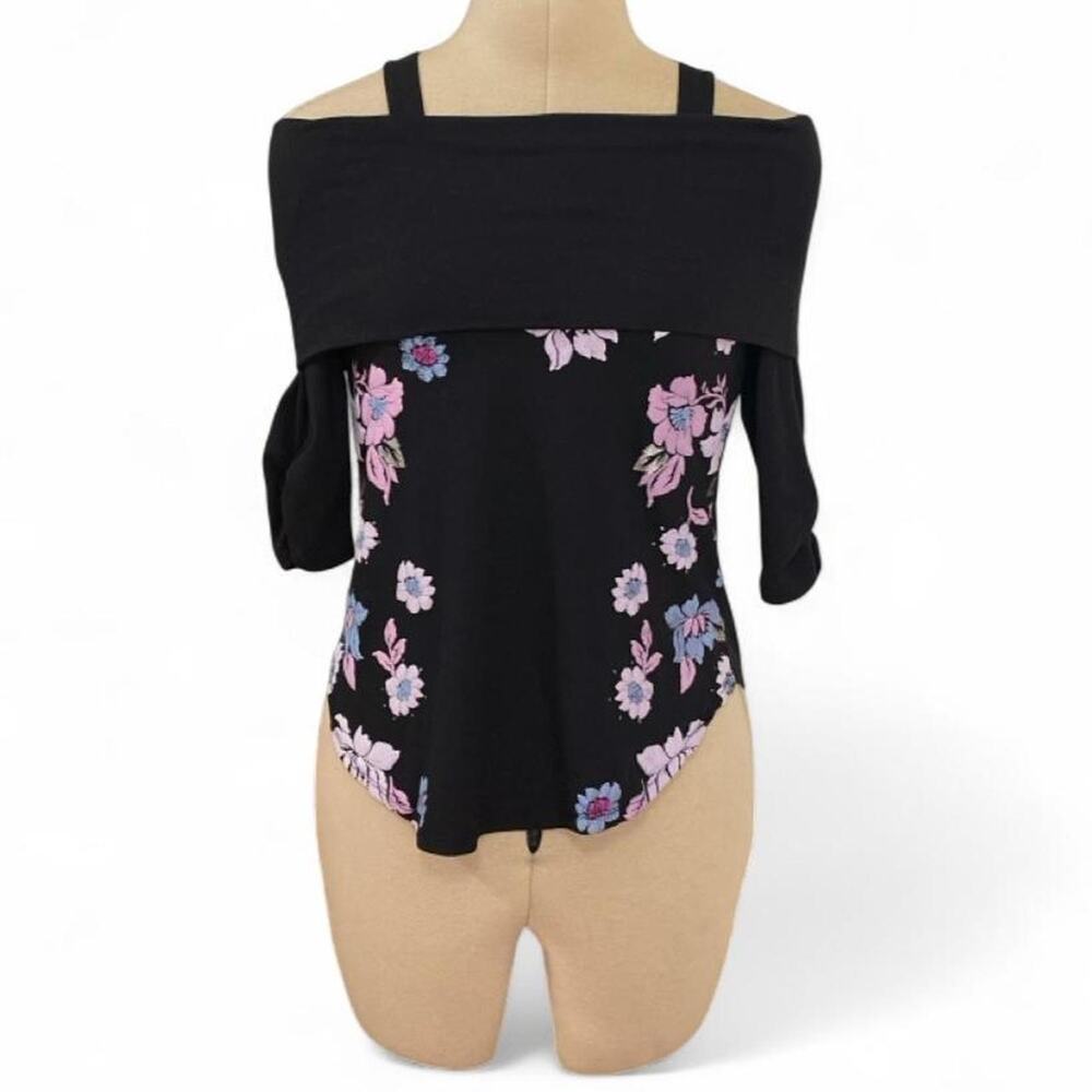 Belle du Jour black fold over off the shoulder top with floral print, size S